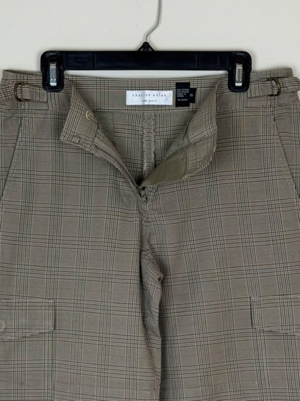 Charles Nolan Brown Plaid Cargo Style Pants Wide Straight Leg Ankle Zipper Sz 10 - Picture 2 of 8